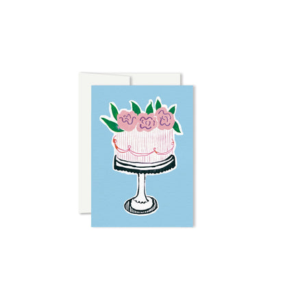 Illustrated tiered cake on a pedestal stand topped with pink roses, on blue background