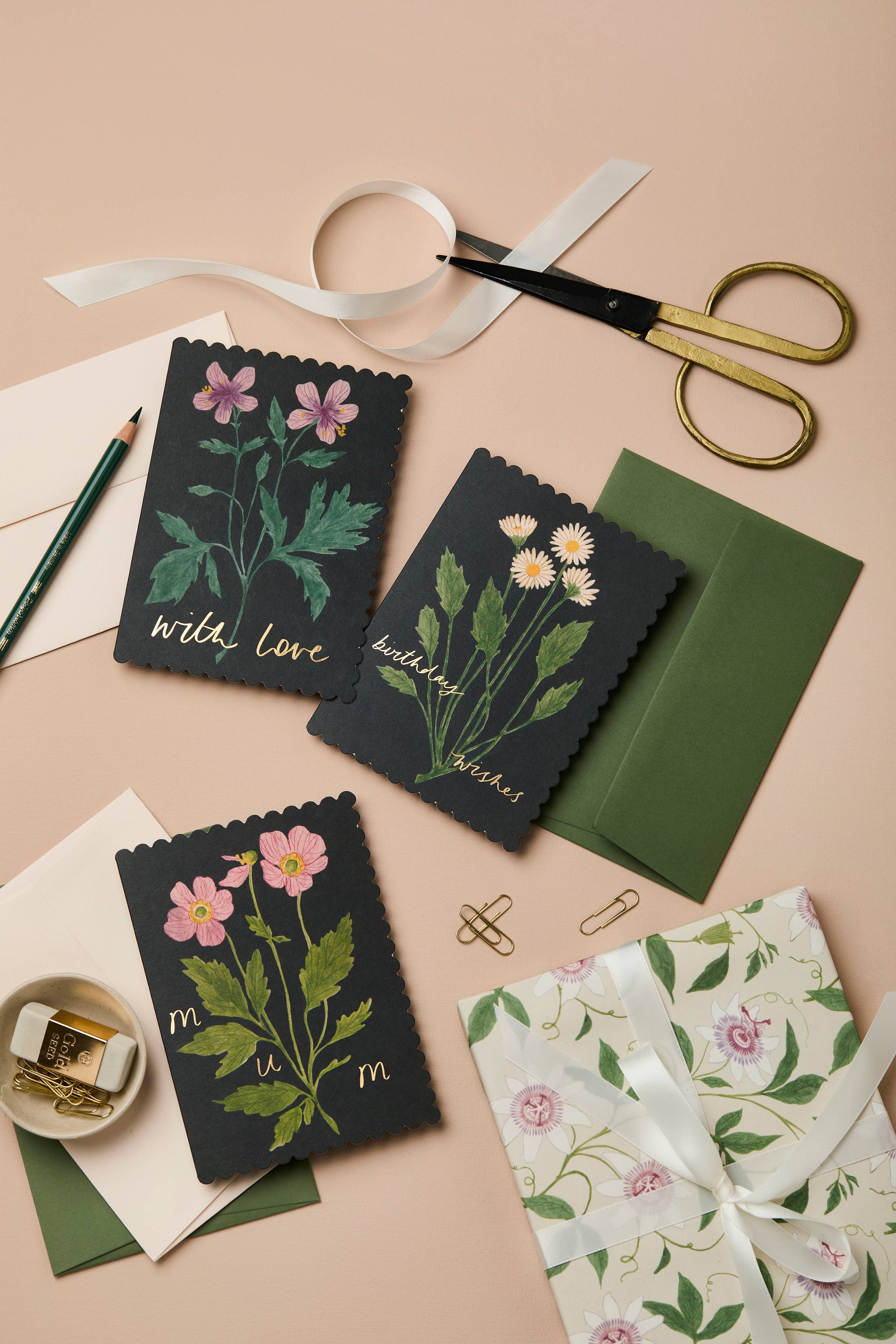 Botanical Daisy Birthday Wishes card paired with its blush pink envelope