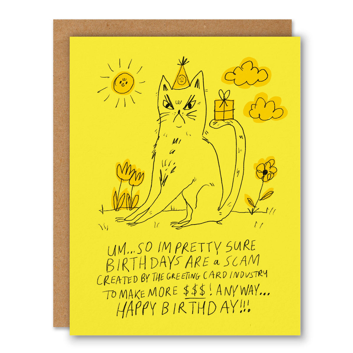 Yellow birthday card of a grumpy cat in a party hat with text saying birthdays are a scam - PABOOM