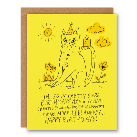 Yellow birthday card of a grumpy cat in a party hat with text saying birthdays are a scam - PABOOM