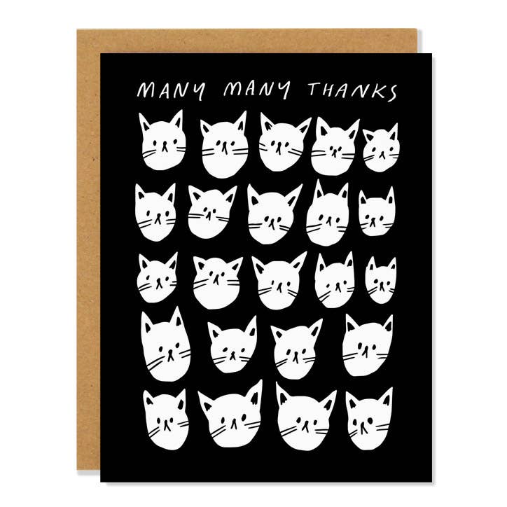 Black thank you card with rows of white cat faces and Many Many Thanks lettering - PABOOM