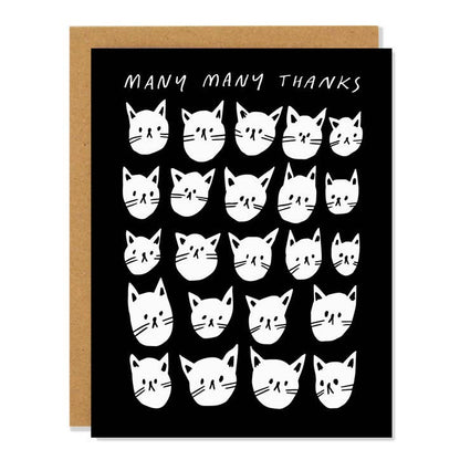 Black thank you card with rows of white cat faces and Many Many Thanks lettering - PABOOM