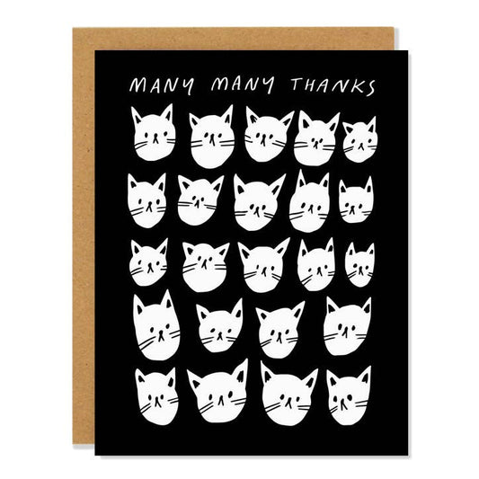 Black thank you card with rows of white cat faces and Many Many Thanks lettering - PABOOM
