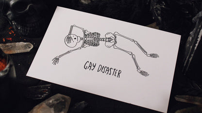 Close-up of the Gay Disaster print's hand-drawn skeleton illustration