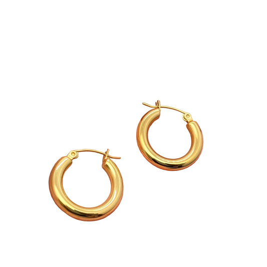 Gold hoop earrings on white background