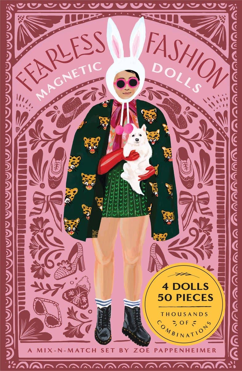 Fearless Fashion Magnetic Dolls box with an illustrated figure in bunny ears and a leopard-print cape holding a white dog - PABOOM