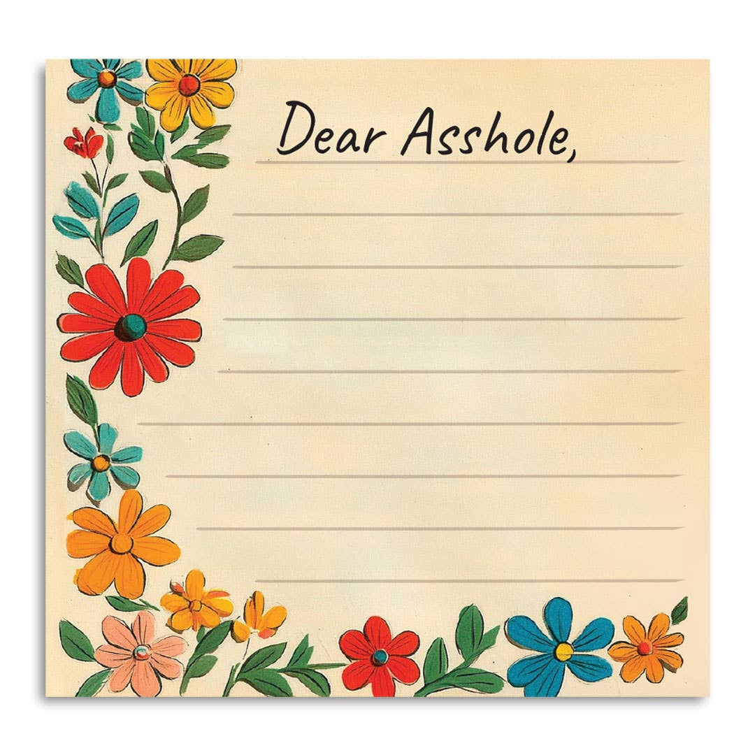 Close-up detail of the Dear Asshole sticky note pad's floral illustration