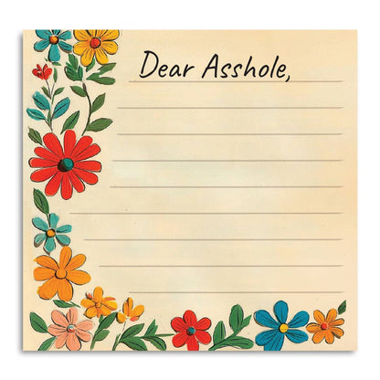 Close-up detail of the Dear Asshole sticky note pad's floral illustration