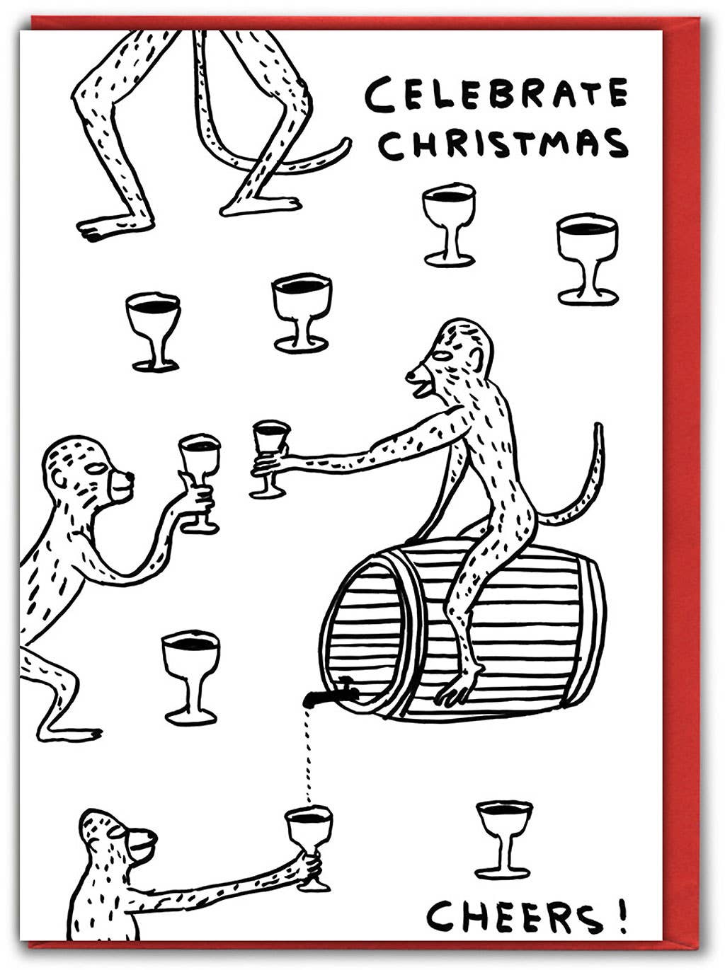 David Shrigley line drawing of monkeys toasting with wine goblets around a barrel, captioned "Celebrate Christmas, Cheers!" - PABOOM