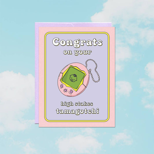 Illustrated pink Tamagotchi toy on a lavender and pink retro border, reading Congrats on your high stakes tamagotchi
