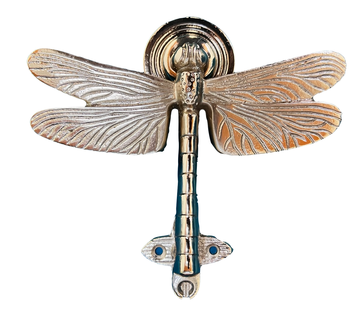 Close-up detail of the cast iron dragonfly door knocker's wings - PABOOM