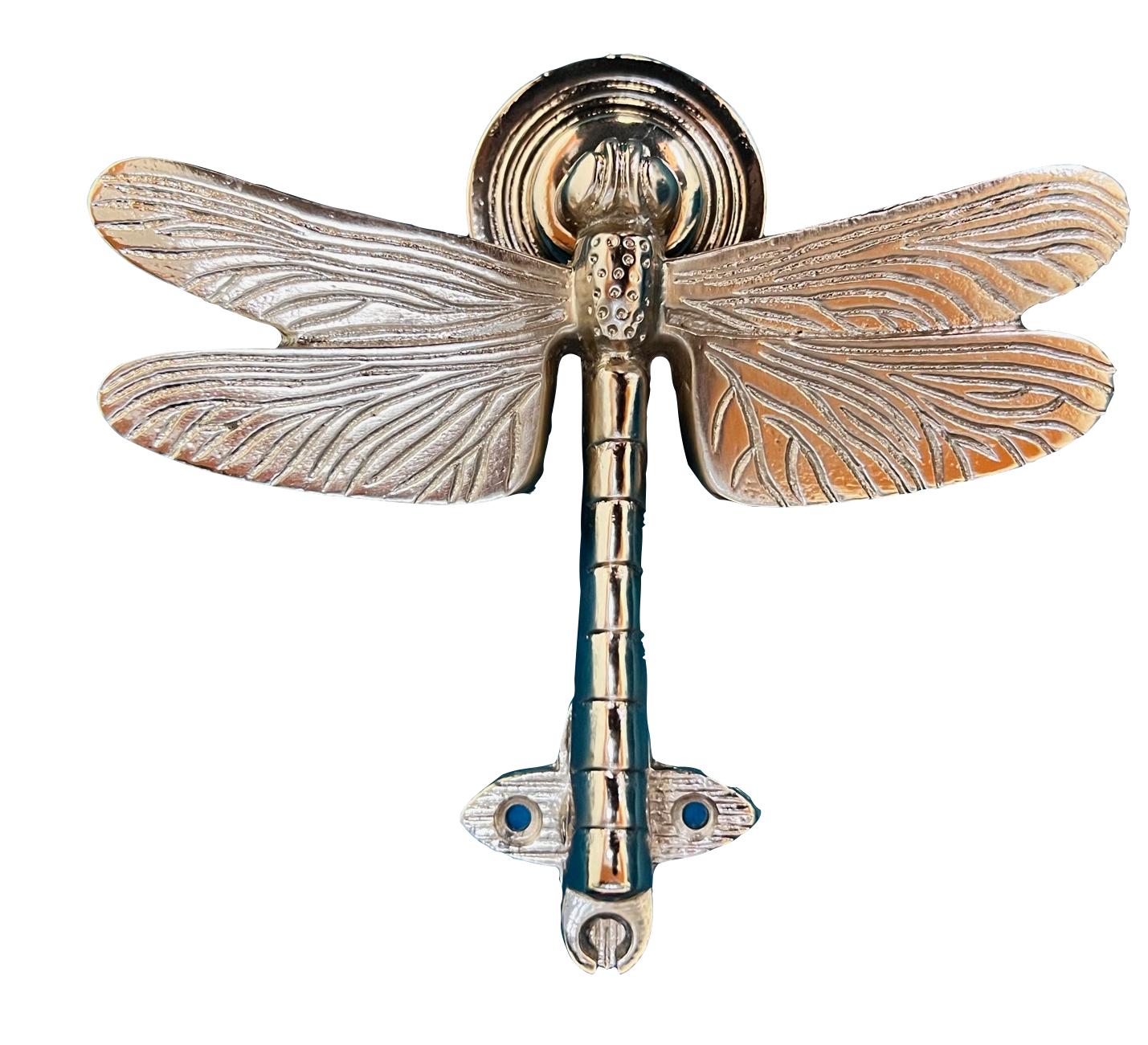 Close-up detail of the cast iron dragonfly door knocker's wings - PABOOM