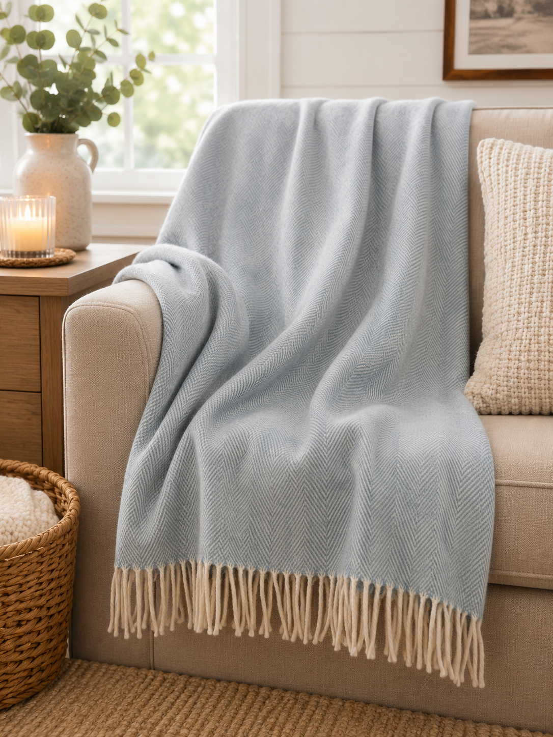 Cornflower herringbone wool throw blanket styled on a sofa or bed - PABOOM
