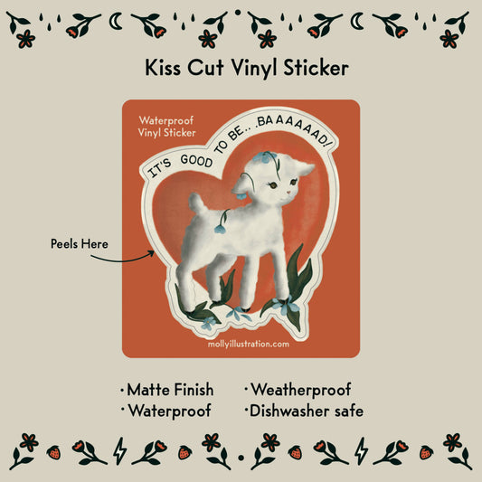 Close-up of the lamb illustration on the It's Good to Be Baaad sticker
