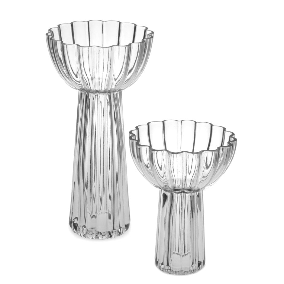 Tall clear ribbed glass vase with a fluted bowl-shaped top - PABOOM