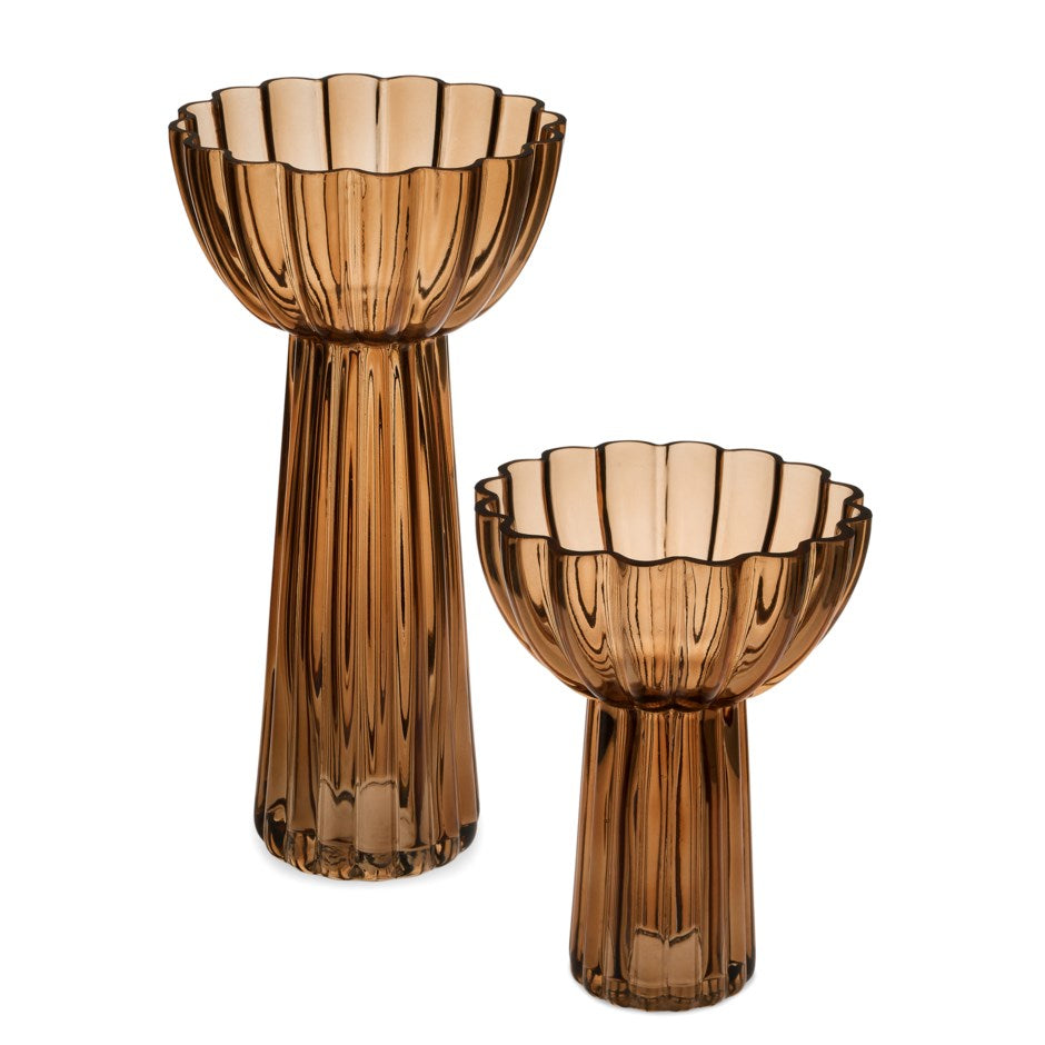 Tall amber-brown ribbed glass vase with a fluted bowl-shaped top - PABOOM