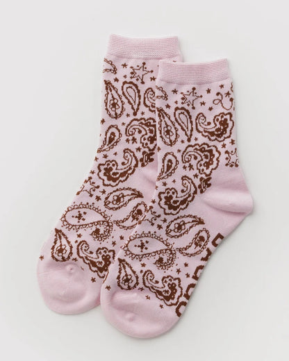 BAGGU Crew Sock pair in paisley pink bamboo rayon print - PABOOM