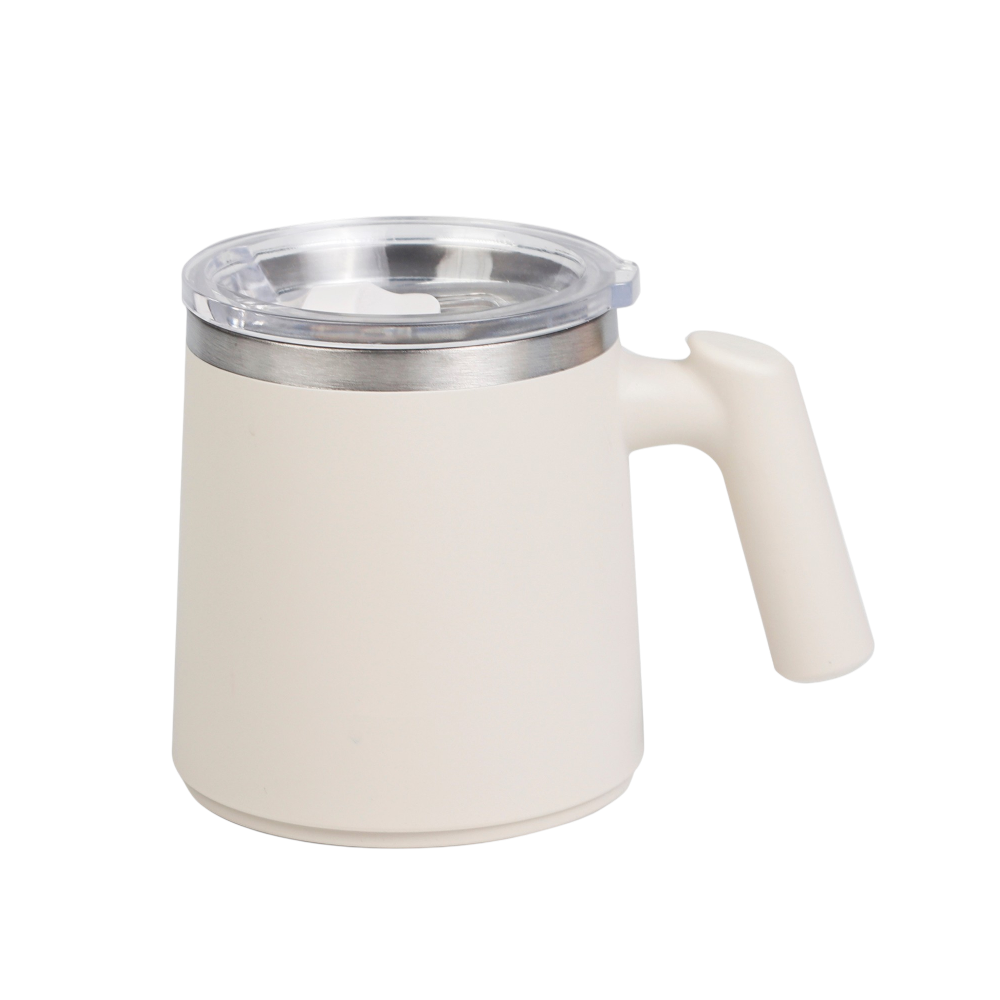 Soft beige stainless steel insulated travel mug with a clear spill-guard lid and side handle
