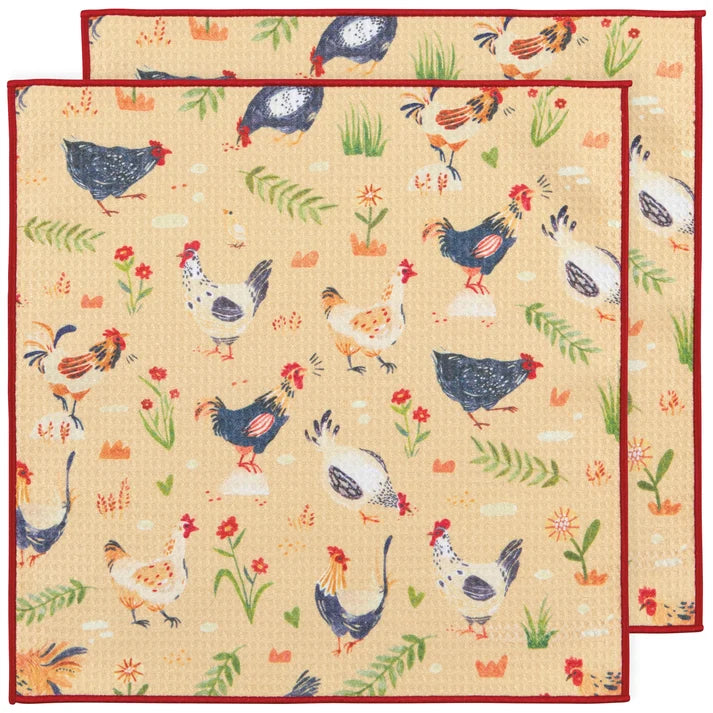 Two folded cream microfibre dishcloths printed with hens, roosters, and farmhouse florals in a red border – PABOOM