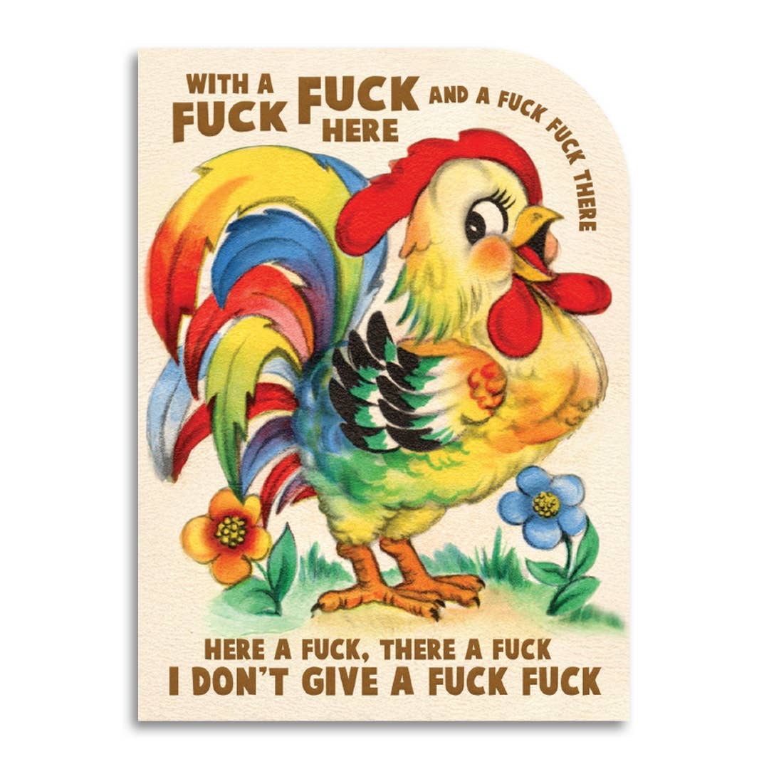 Colorful vintage rooster illustration with text reading a profane twist on Old MacDonald Had a Farm