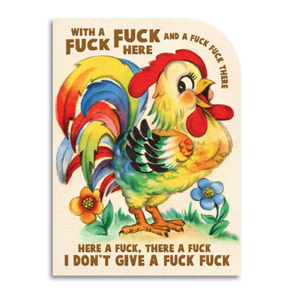 Colorful vintage rooster illustration with text reading a profane twist on Old MacDonald Had a Farm