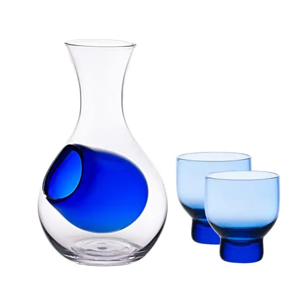 Clear glass sake decanter with a built-in blue glass ice pocket, paired with two blue ombre glass cups
