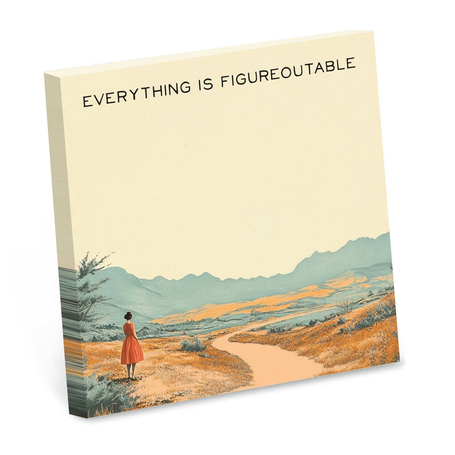 Cream sticky note pad with a vintage travel-poster illustration of a woman walking a desert path, reading Everything is figureoutable