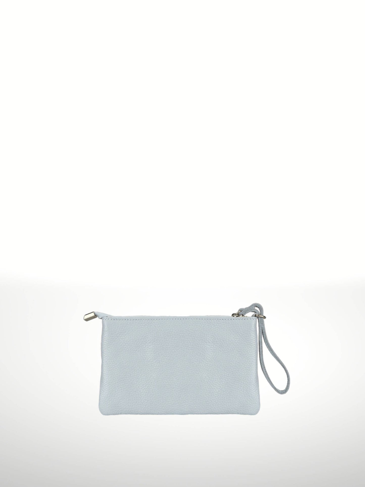 Irene Cowhide Bag in Heavenly — flat leather clutch with zip top and detachable wristlet strap, shown on white background