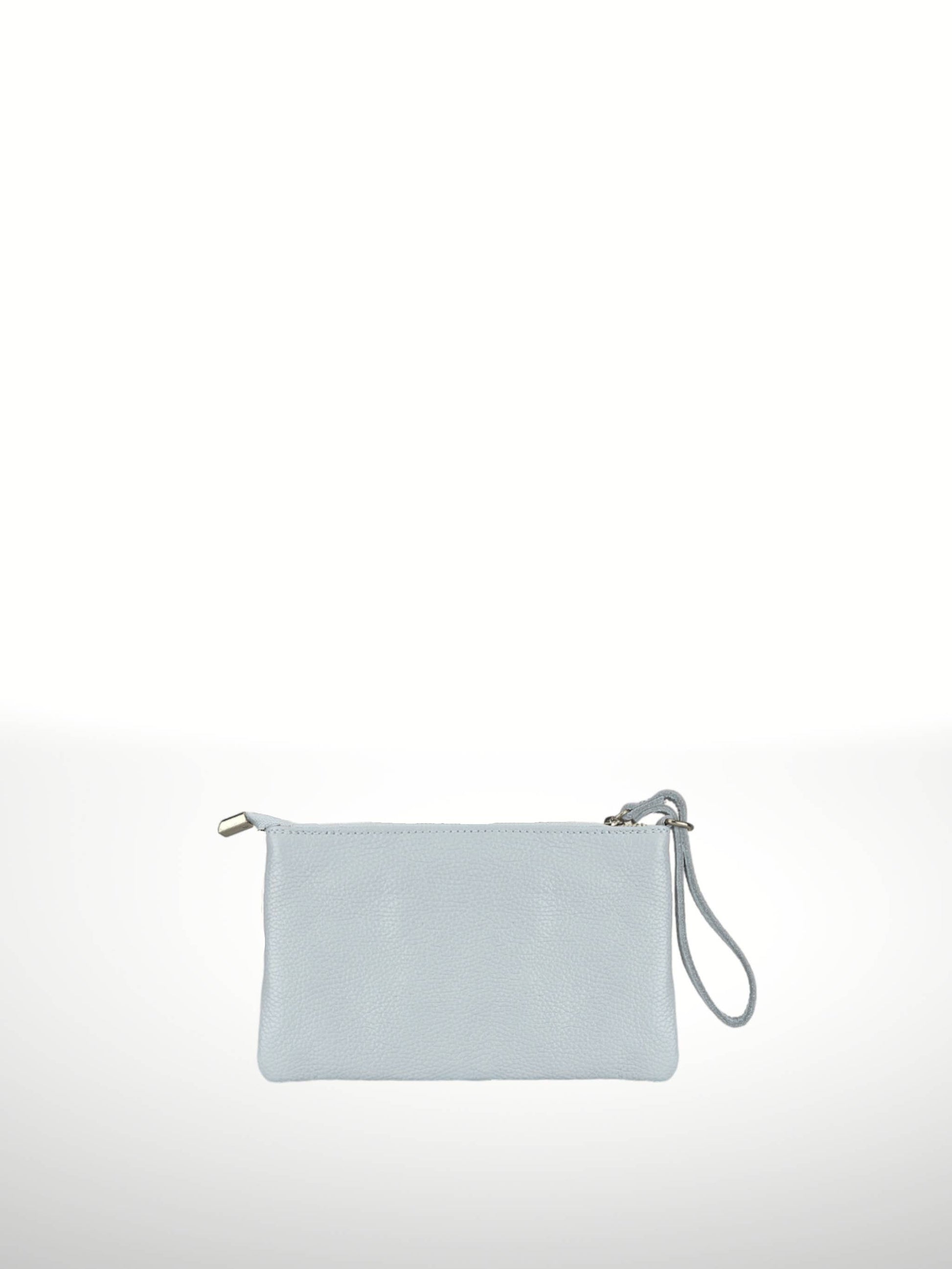 Irene Cowhide Bag in Heavenly — flat leather clutch with zip top and detachable wristlet strap, shown on white background