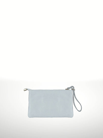 Irene Cowhide Bag in Heavenly — flat leather clutch with zip top and detachable wristlet strap, shown on white background