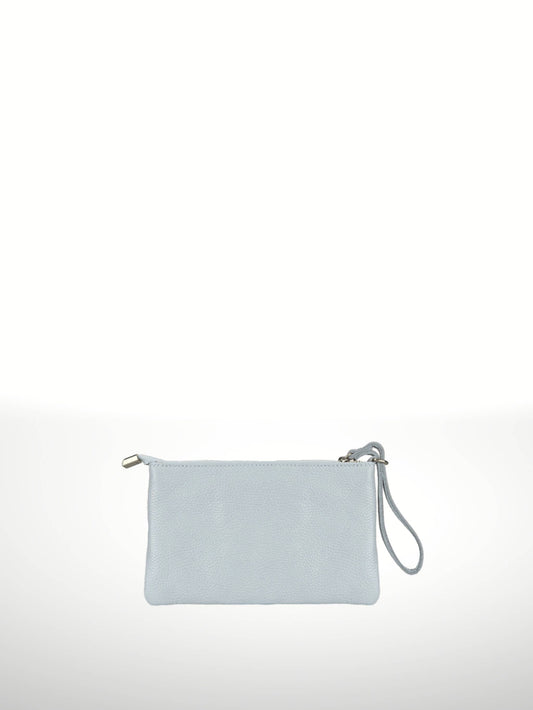 Irene Cowhide Bag in Heavenly — flat leather clutch with zip top and detachable wristlet strap, shown on white background