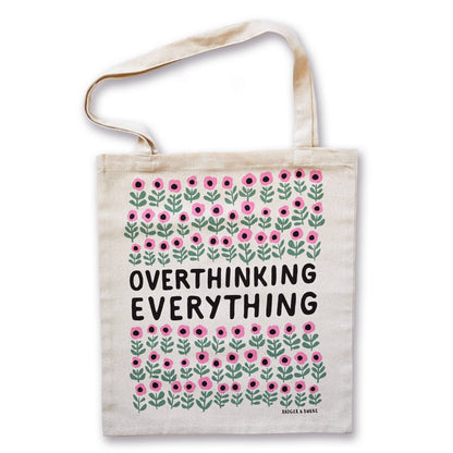Natural cotton tote bag with pink and green flowers and black Overthinking Everything lettering - PABOOM