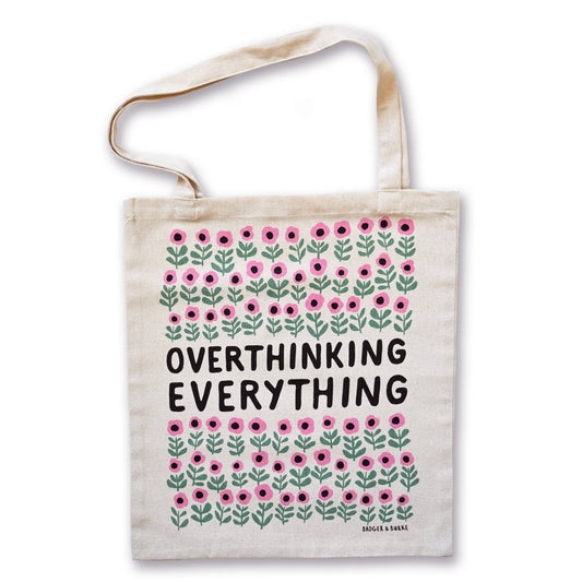 Natural cotton tote bag with pink and green flowers and black Overthinking Everything lettering - PABOOM