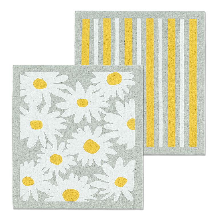 Set of two grey and white Swedish dishcloths with a daisies and stripes print