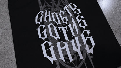 Close-up of the Ghosts Goths Gays print detail on the canvas tote bag