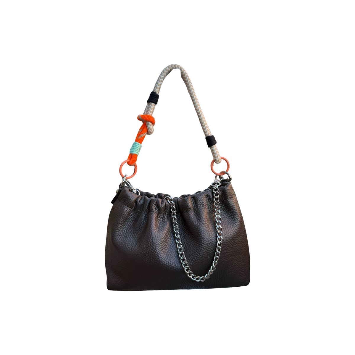 Louisa Lee Plissa Small drawstring bag in chocolate grained leather with braided cord and silver chain - PABOOM