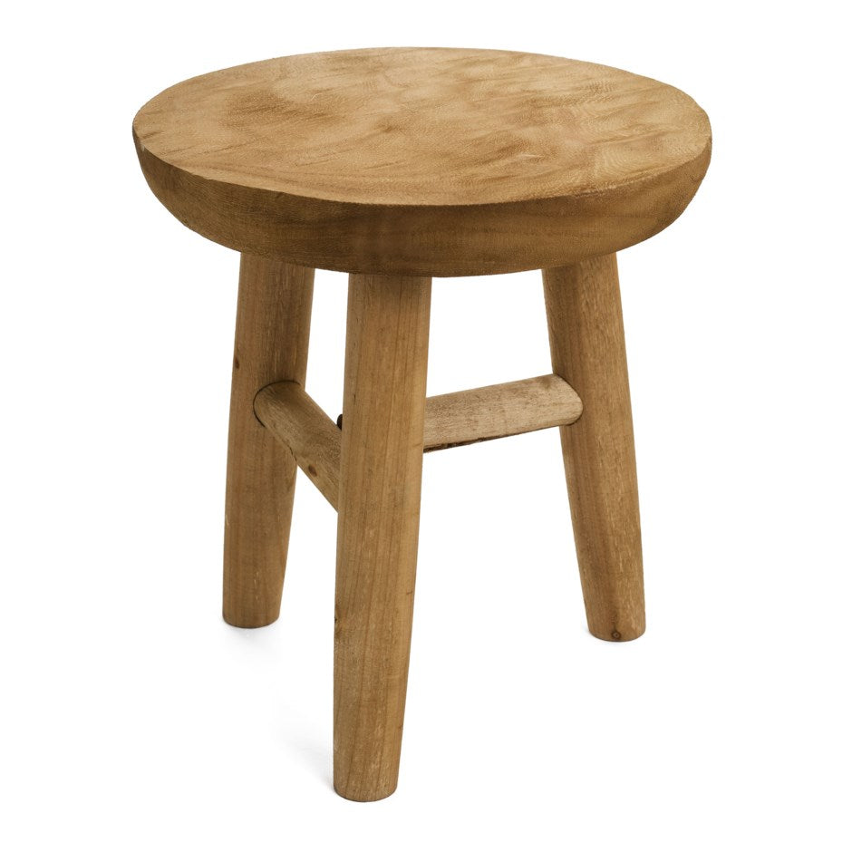 Round natural wood tripod stool with three tapered legs and a stretcher bar - PABOOM
