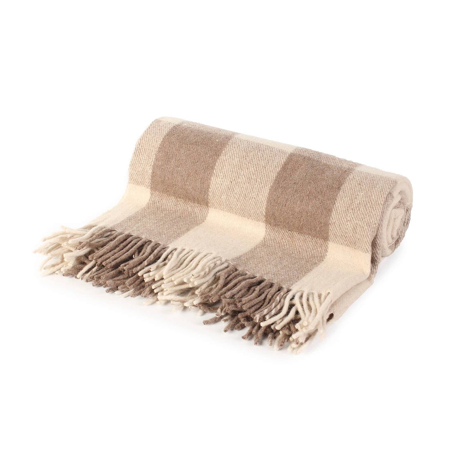 Rolled Jacob tartan wool throw blanket in oatmeal, taupe and cream block plaid with fringed edge - PABOOM