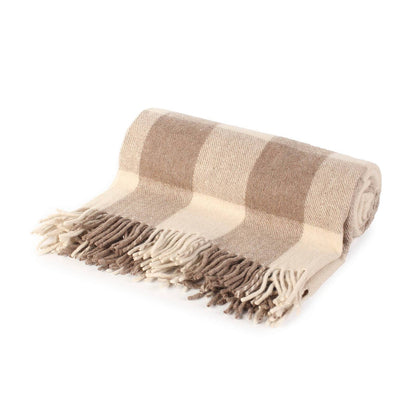 Rolled Jacob tartan wool throw blanket in oatmeal, taupe and cream block plaid with fringed edge - PABOOM