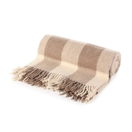 Rolled Jacob tartan wool throw blanket in oatmeal, taupe and cream block plaid with fringed edge - PABOOM
