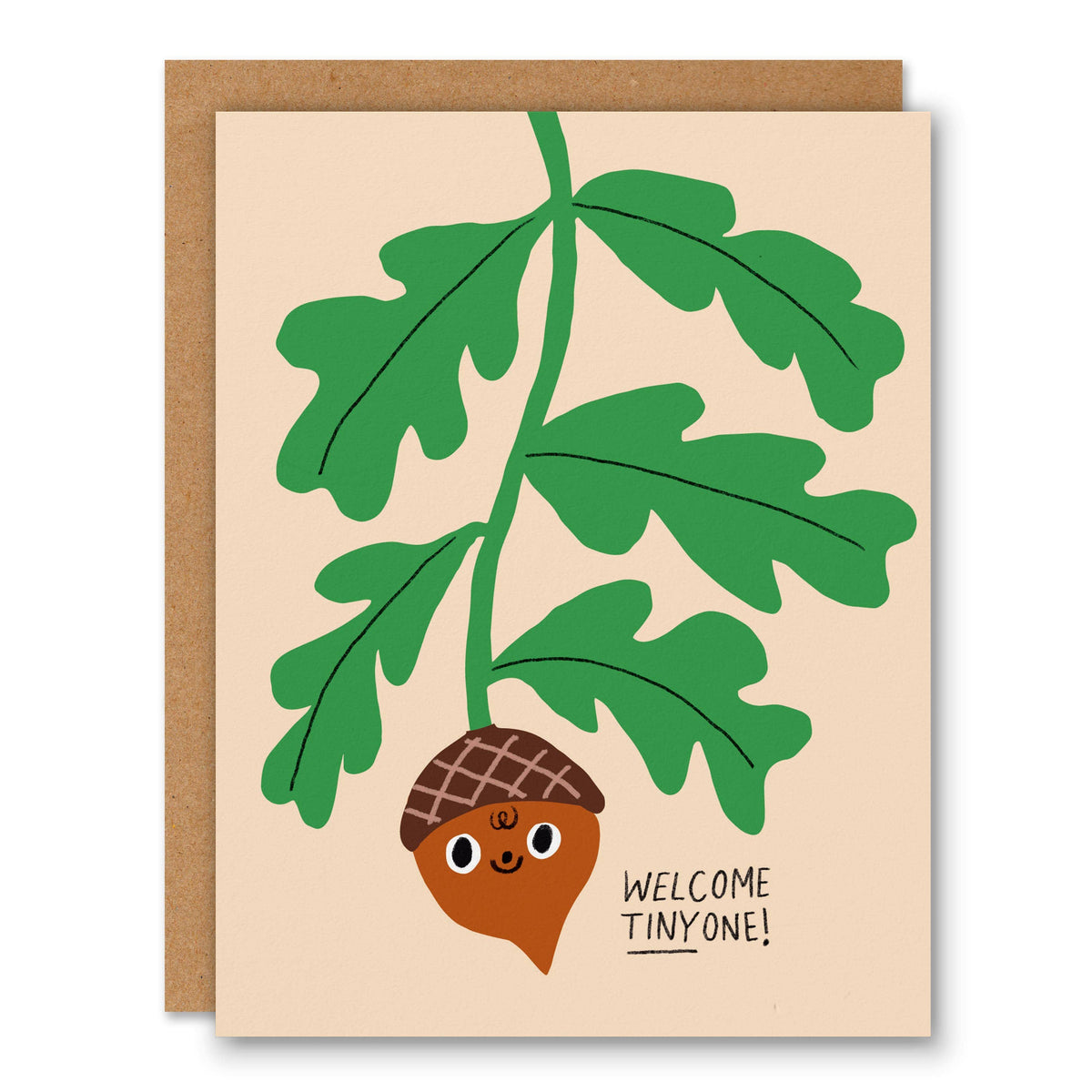 Cream new baby card with a smiling acorn hanging from green oak leaves and Welcome Tiny One lettering - PABOOM