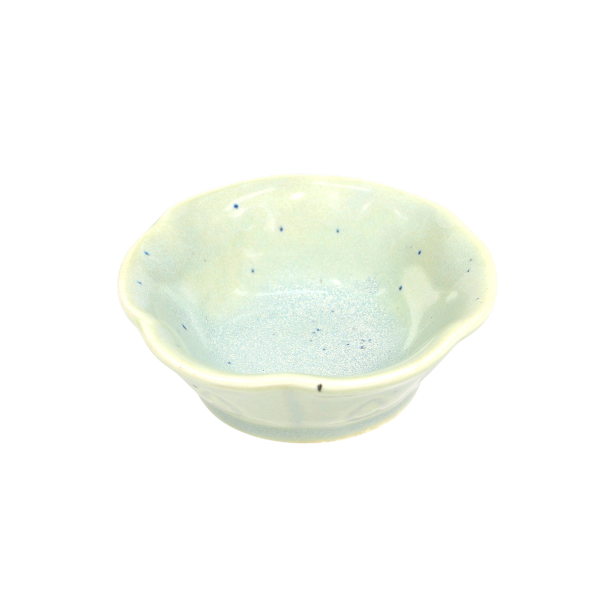 Pale seafoam petunia-shaped porcelain kozara dish with tiny blue dots - PABOOM