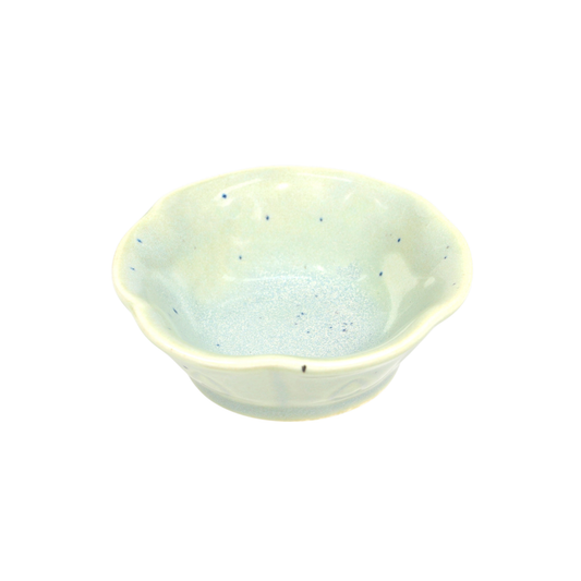 Pale seafoam petunia-shaped porcelain kozara dish with tiny blue dots - PABOOM