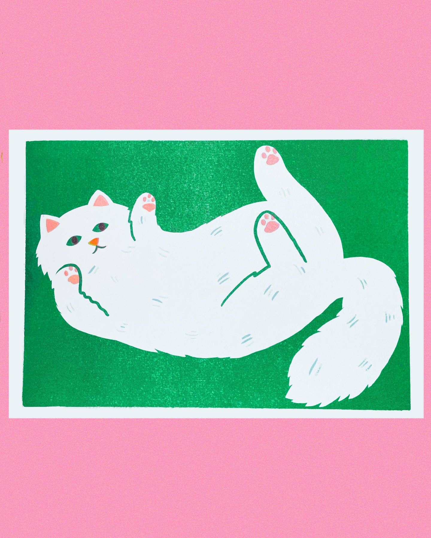 Risograph print of a white cat stretching on its back against a green background - PABOOM