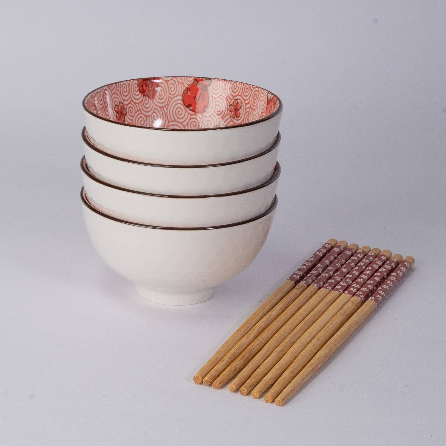 Lucky Cat rice bowl and chopsticks set gift box open view