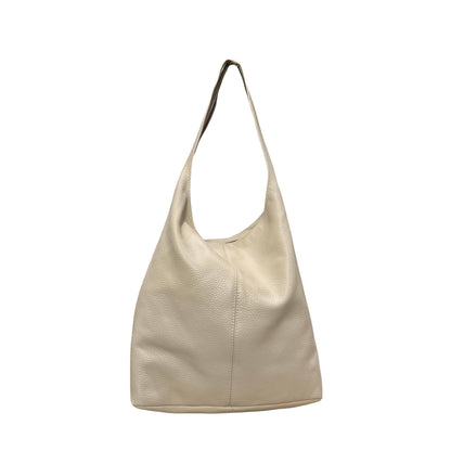 Cream beige grained leather hobo bag with a single shoulder strap