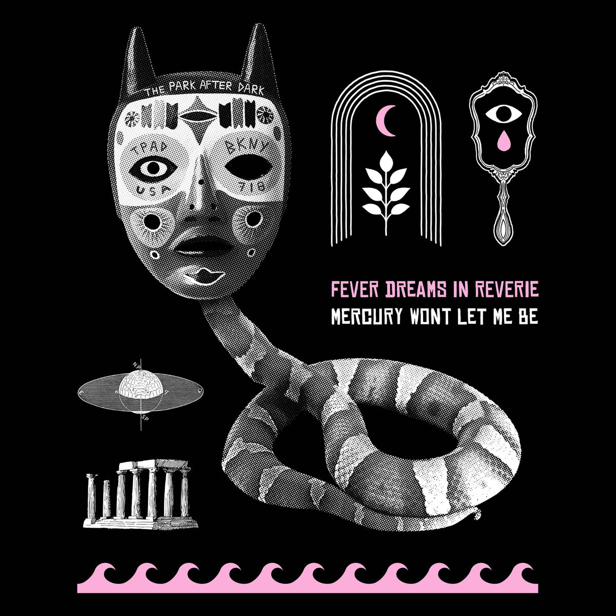 Close-up of the pink and white silkscreen print detail on the Fever Dreams zip-up hoodie - PABOOM