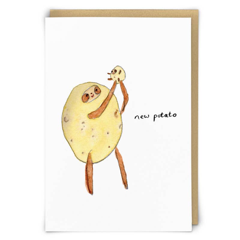 Zeppelinmoon card with a watercolour potato holding up a tiny baby potato, text 'new potato' - PABOOM
