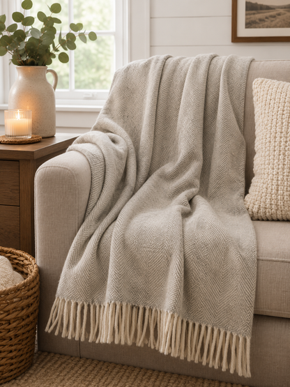 Close-up of Grey herringbone weave texture on wool throw blanket - PABOOM