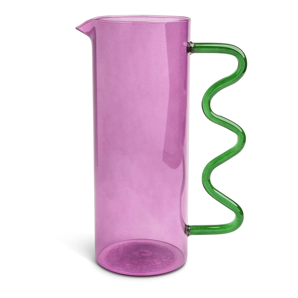 Purple glass 44oz Squiggle Pitcher with a green wavy squiggle handle